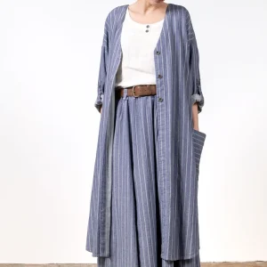 Randig kaftan i blått bomulls-/linnetyg