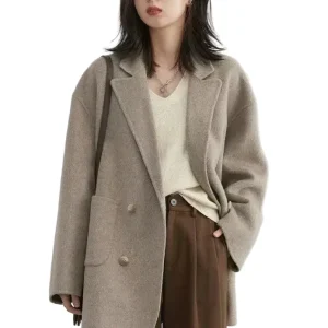 Women's Woolen Double Breasted Coat for Office Ladies - Autumn Winter Outerwear