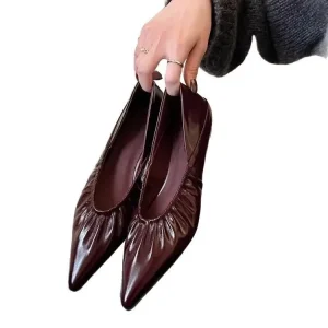 Genuine Leather Ballet Flats with Pleated Pointed Toe for Women