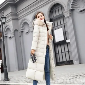 New Winter Over Knee Parkas for Women - Loose Large Fur Collar Hooded Warm Thick Padded Overcoat