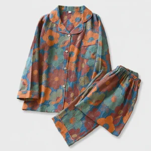 Women's Cotton Pyjama Set Yarn-Dyed Jacquard Vintage Long 2 Piece Set